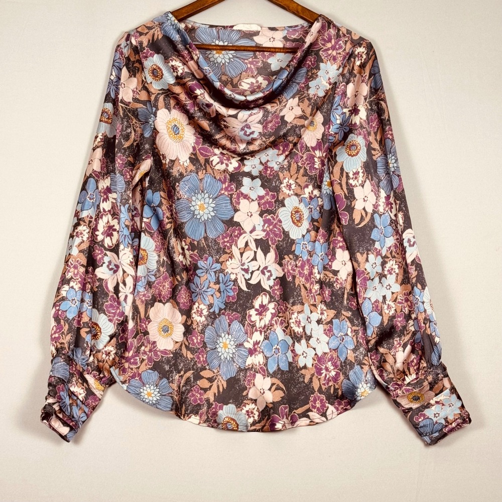 Mystree Floral Cowl Neck Blouse Women Size M Multicolor Boho Romantic Excellent